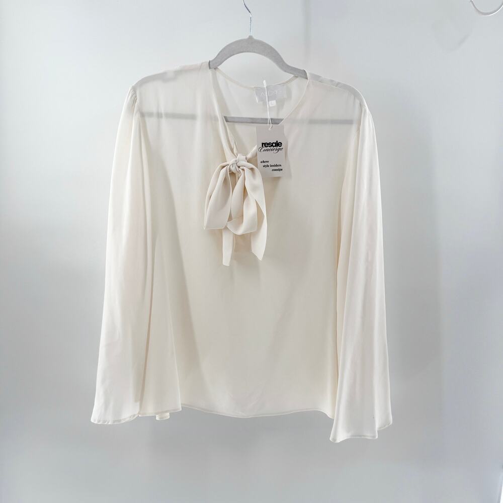 Alexis Flowy Satin Bow Semi-Sheer Long Sleeve Blouse White Women's Size Large